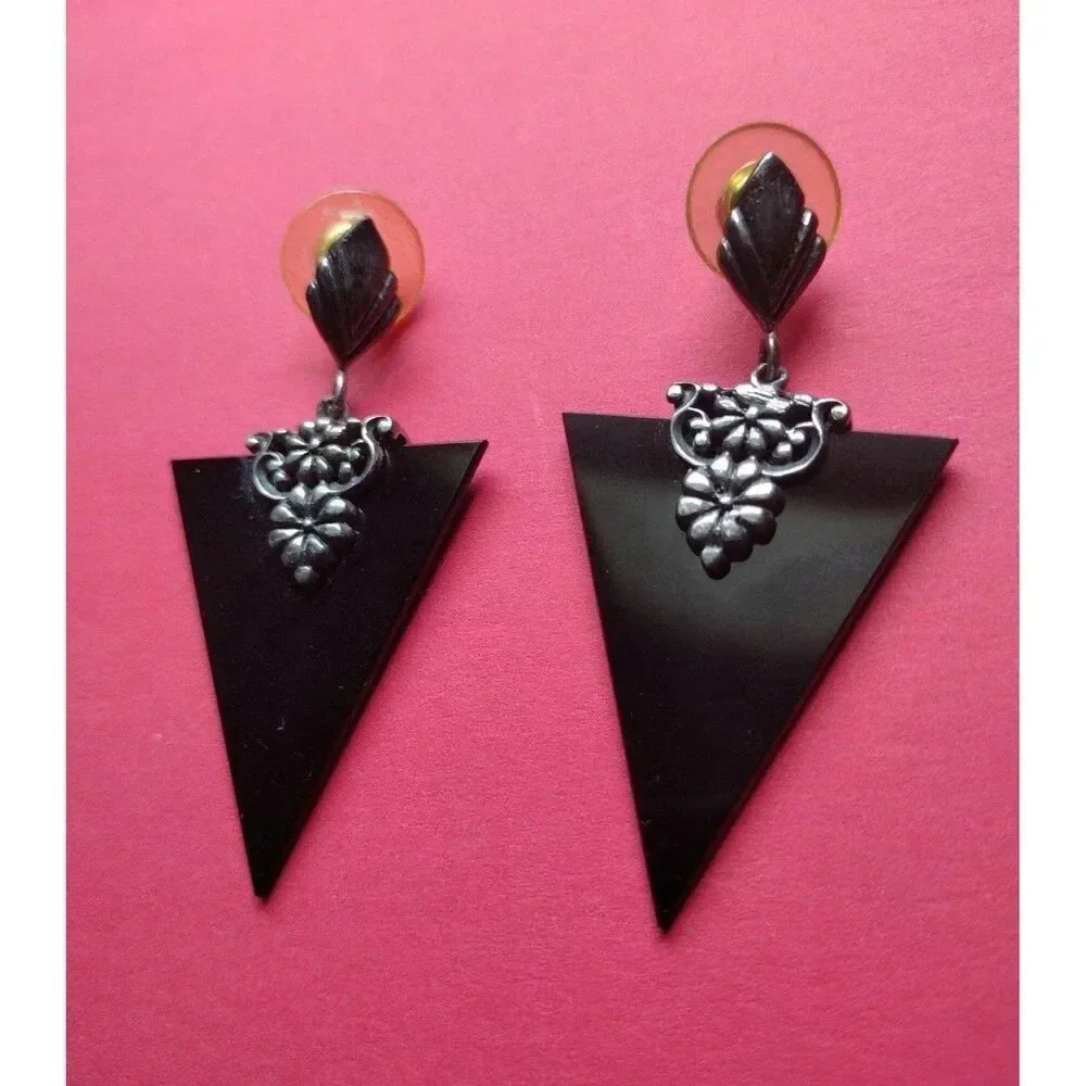 Vintage Signed RINC 925 Silver and Black Enamel Goth Drop Earrings